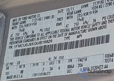 2016 Ford Escape Titanium from USA, damaged, VIN 1FMCU0J9XGUB19929